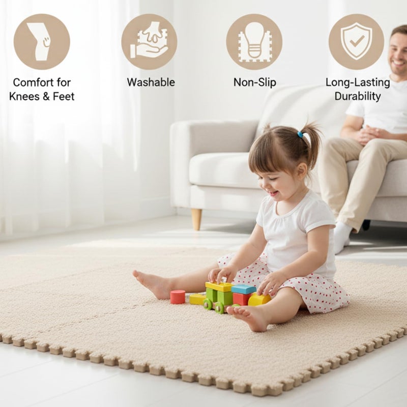 MADE4ALL Interlocking Carpet Tiles 4 PCS Pack – Soft Plush Floor Tiles for Small Areas, Nursery, Kids Room, Bedroom & Home Office – Washable, Non-Slip, Easy DIY Install – Beige - Image 5